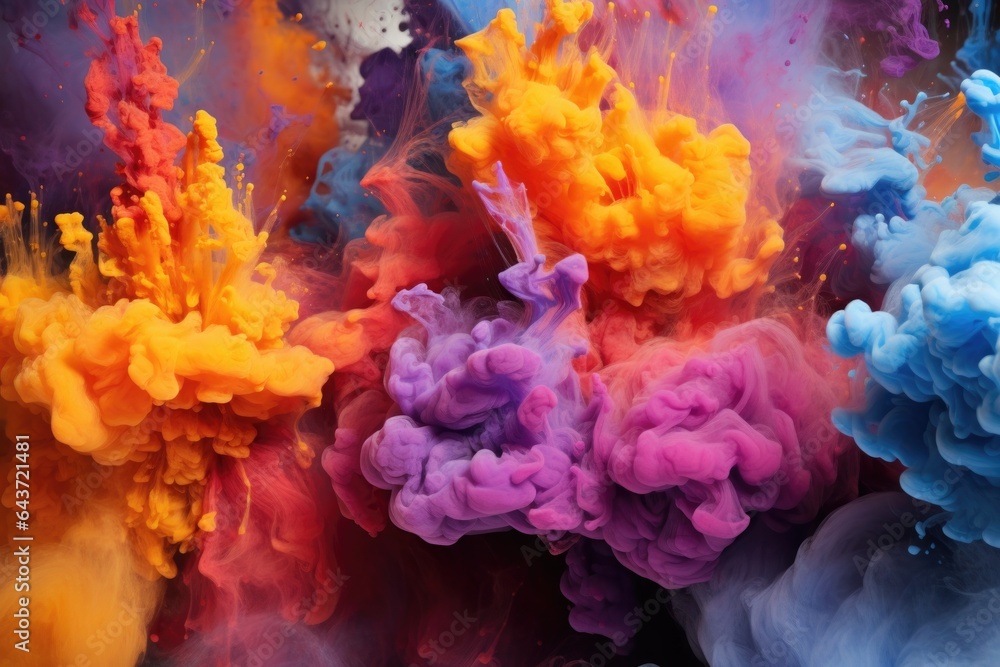 vivid powder dyes scattering in various directions, captured in high resolution