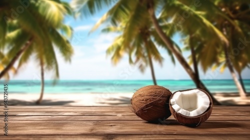 The empty wooden table top with coconut palms near sea in background, Product display template.
