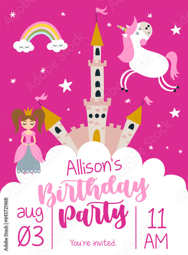 Happy Birthday Party - funny vector invitation card with castle drawing. Lettering poster or t-shirt textile graphic design. Ready to print. premade birthday party invitation flyer.