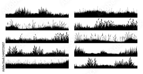 Meadow silhouettes with grass, plants on plain. Panoramic summer lawn landscape with herbs, various weeds. Herbal border, frame element. Black horizontal banners. Vector illustration
