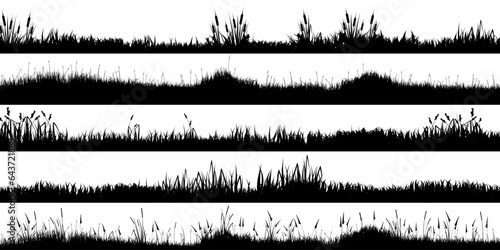 Meadow silhouettes with grass, plants on plain. Panoramic summer lawn landscape with herbs, various weeds. Herbal border, frame element. Black horizontal banners. Vector illustration