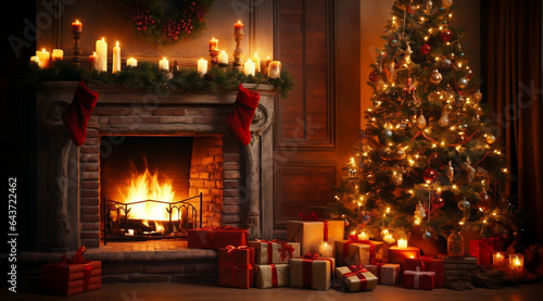  interior christmas. magic glowing tree, fireplace, gifts in dark