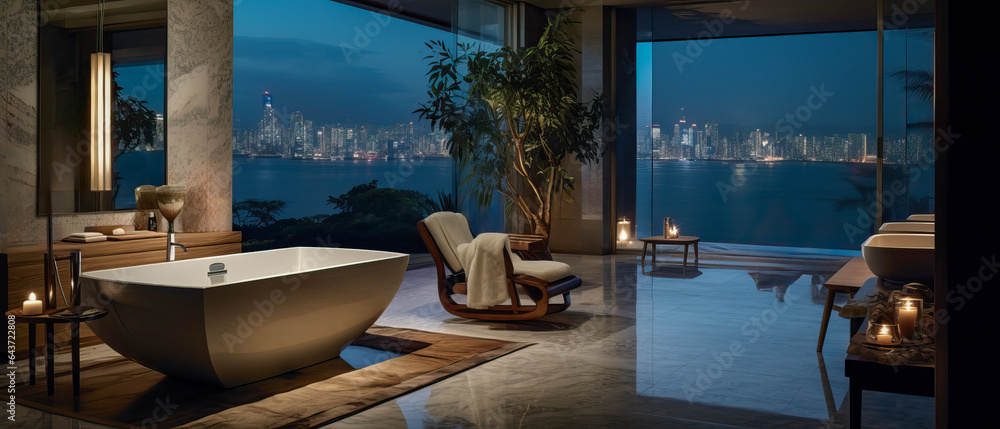 A luxury hotel bathroom with a modern interior design and a large bathtub at night. The rental has fantastic views of the New York skyline. A perfect relaxing bathing spot.  - obrazy, fototapety, plakaty 