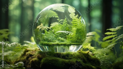 Glass sphere surrounded by green forest flora, concept: Green Energy , Heal the world, high quality 16:9
