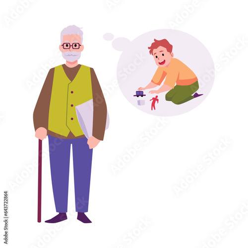 Gray-haired old stylish man remembers being child flat style, vector illustration