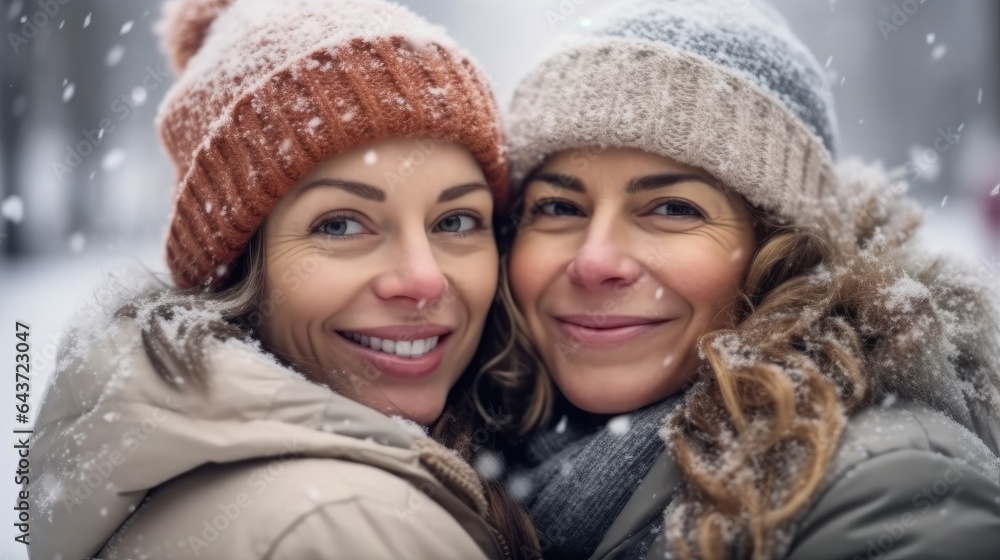 Lesbian couple wearing warm clothes on a winter day, Smiling happy, Cold winter atmosphere.