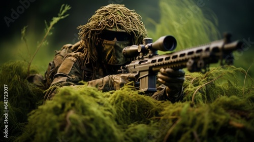 Image of sniper or soldier in full camouflage clothing, concept: Warlike conflicts in the world photo