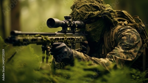 Image of sniper or soldier in full camouflage clothing, concept: Warlike conflicts in the world photo