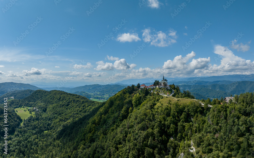 Aerial view of Zasavska Sveta gora, famous pilgrimage site, Slovenia