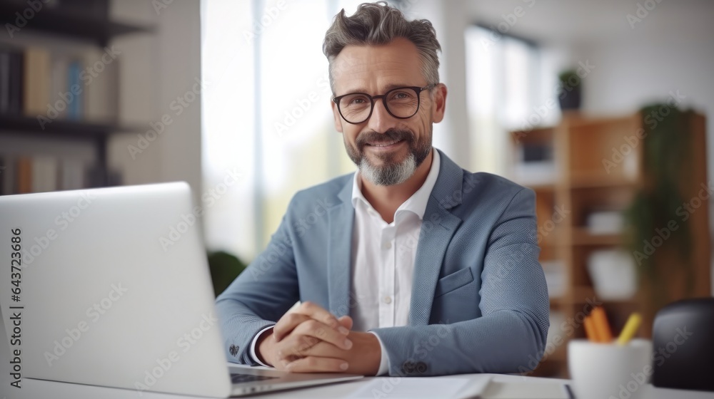 Portrait of business mature man at office desk with smile, Online report or social media, Internet. Portrait of business mature man at office desk with smile, Online report or social media, Internet.