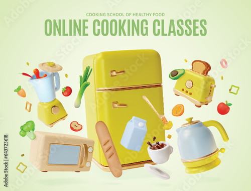 3d Online Cooking Classes Placard Poster Banner Card Template Cartoon Style. Vector illustration of Cooking School of Healthy Food