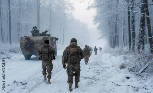 Rear view, Group of infantry soldiers in uniforms walking over snow covered landscape, Military conflict or war concept.