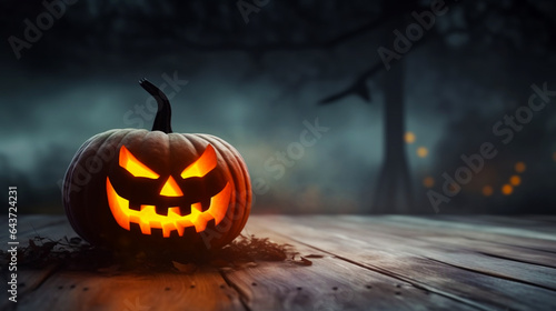  Festive banner with copy space, halloween pumpkin, background with smoke and fog. Empty postcard with copy space. Jack O lantern. Generative AI