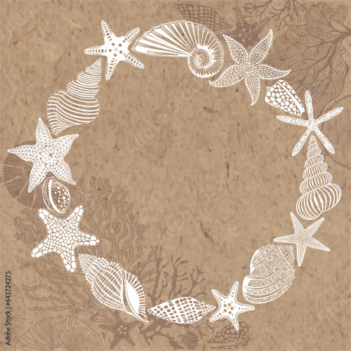 Marine art templates. Vector round frame with hand-drawn sea creatures, shells, starfish, corals, seaweed on kraft paper. For cards, flyer, poster, banner, brochure, advertising, and page cover.