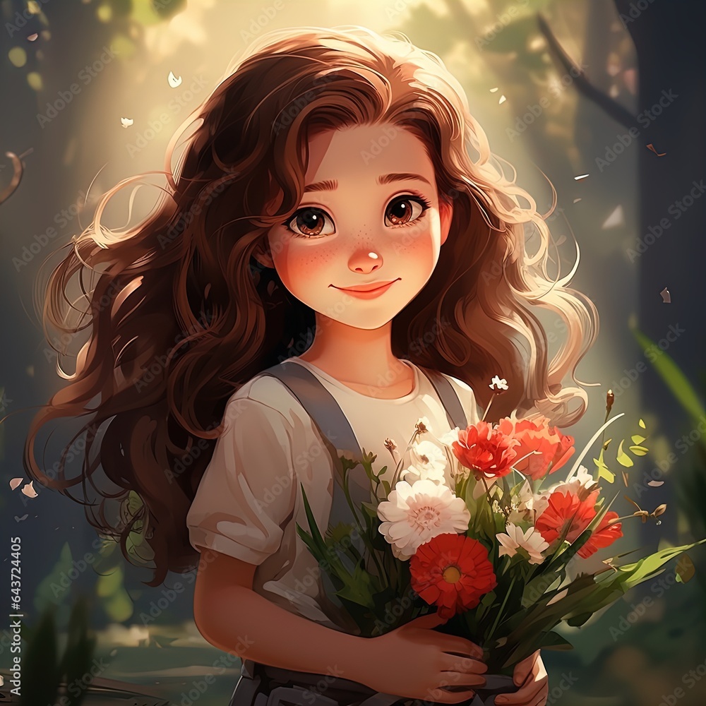 Cute girl with a bouquet of flowers. Illustration