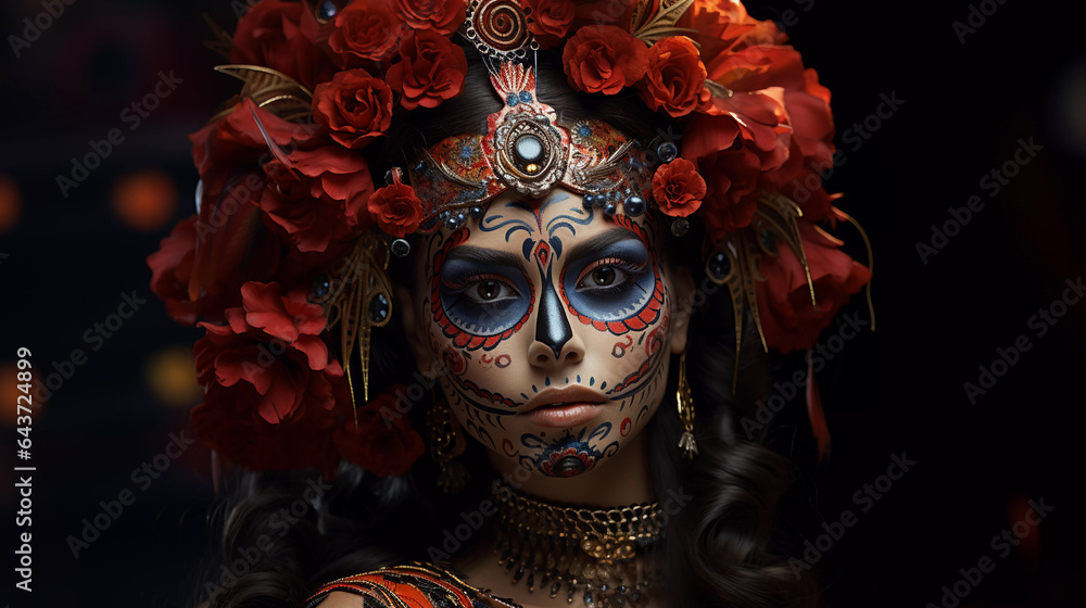 Face make-up of a Mexican woman at the Dia de los Muertos holiday, surrealism.