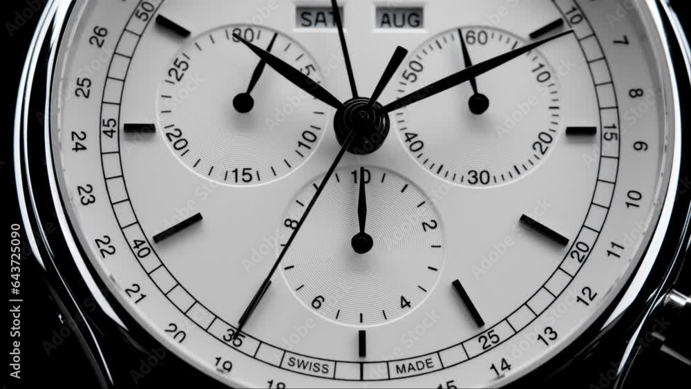 Second arrow running on the black clockface of luxury swiss watch with chronograph. Light flash on the turning clockface. Closeup real time shot. Running second arrow Second arrow running on the black clockface of luxury swiss watch with chronograph. Light flash on the turning clockface. Closeup real time shot. Running second arrow