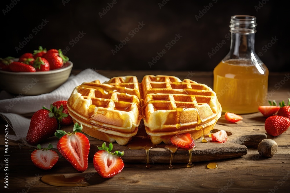 Golden morning: waffles topped with honey and fresh strawberries., generative IA