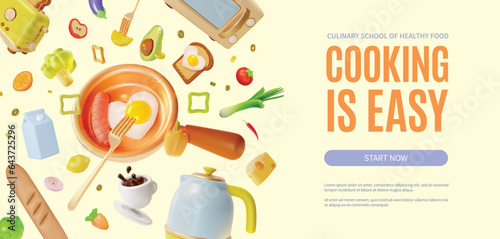 3d Cooking is Easy Culinary School of Healthy Food Placard Poster Banner Card Template Cartoon Style. Vector illustration of Electric Appliances, Frying Pan and Flying Ingredients