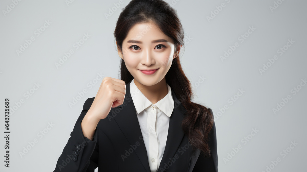 An Asian businesswoman fits up Infront of camera on white background. An Asian businesswoman fits up Infront of camera on white background.