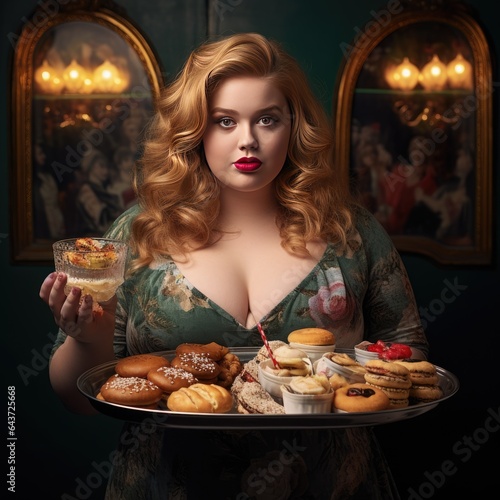 Young chubby woman holding a tray of junk food