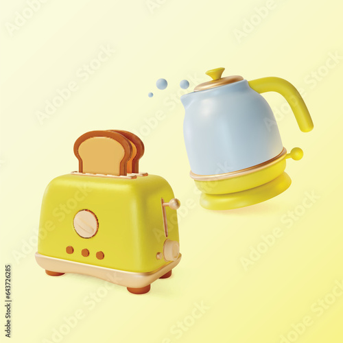 3d Kitchen Concept Cartoon Style Include of Electric Kettle and Toaster with Slices of Toasted Bread. Vector illustration