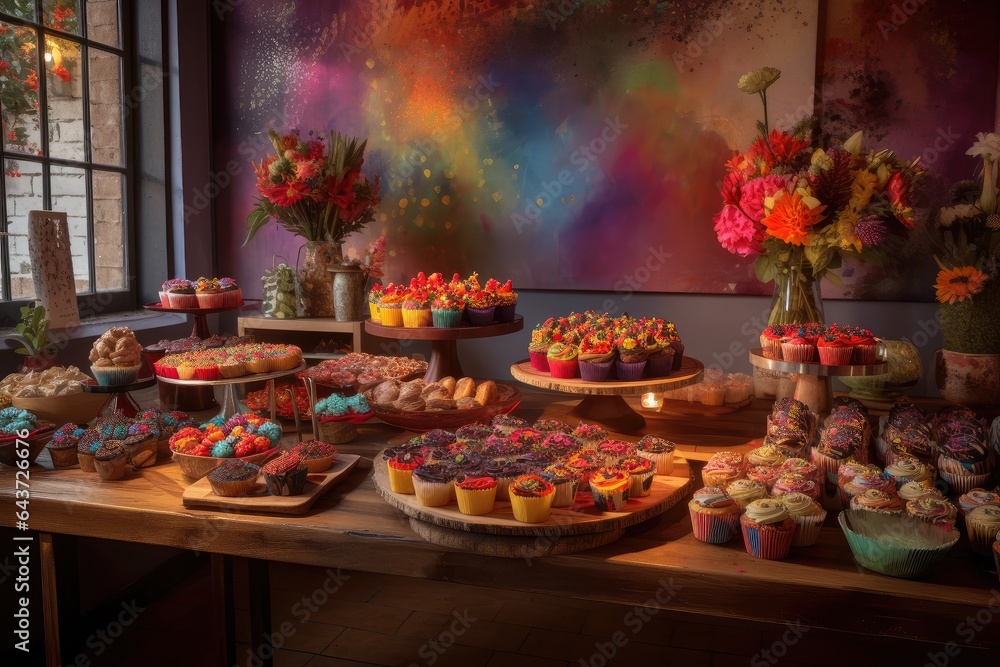 Plenty of colorful cupcakes in charming confectionery., generative IA