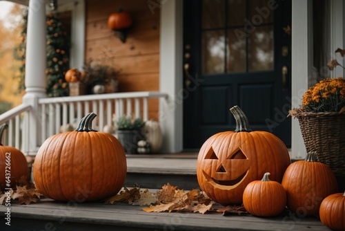 Front Door with Halloween Decorations and Pumpkins. AI generated
