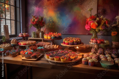 Plenty of colorful cupcakes in charming confectionery., generative IA