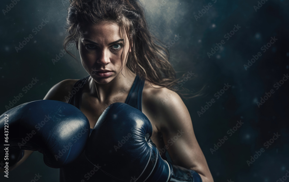 Semi closeup of female boxer preparing for the finals with intense gaze. 