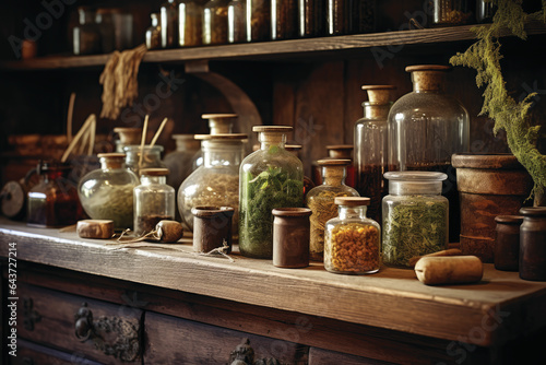 Bottles with medical herbs on the shelf in old pharmacy