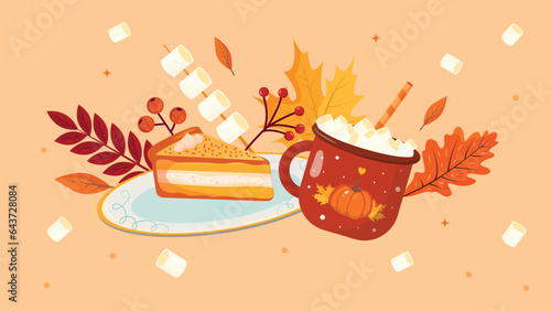 Autumn collection, Hand drawn vector illustration. Pumpkin spice latte with marshmallow and cupcakes vector texture. Autumn dessert fall season tasty food, sweet cupcake