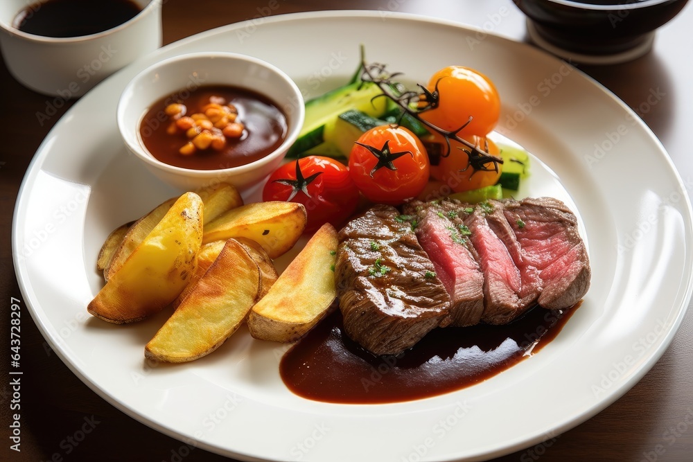 Juicy steak with potatoes and fresh vegetables., generative IA
