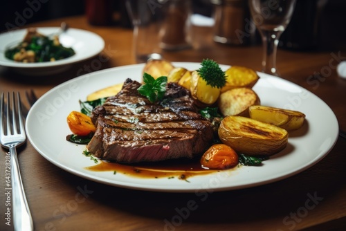 Juicy steak with potatoes and fresh vegetables., generative IA