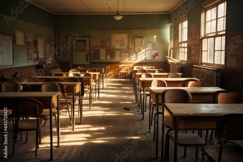 Desks and chairs in an empty classroom on sunset. AI generative