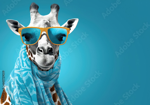 Giraffe in sunglasses with scarf on blue background, copy-space concept, anthropomorphic © TKL