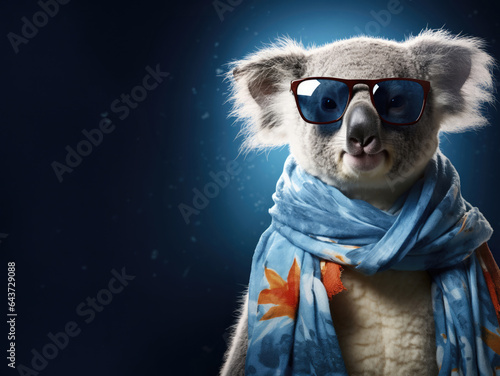 Closeup of koala in sunglasses with scarf on dark background, copy-space with anthropomorphic concept.
