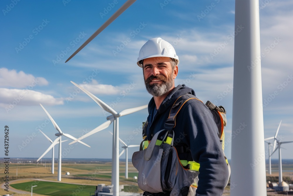 A technician or engineer maintaining a wind turbine, exemplifying the importance of renewable wind energy and sustainable power generation. 'generative AI' A technician or engineer maintaining a wind turbine, exemplifying the importance of renewable wind energy and sustainable power generation. 'generative AI'