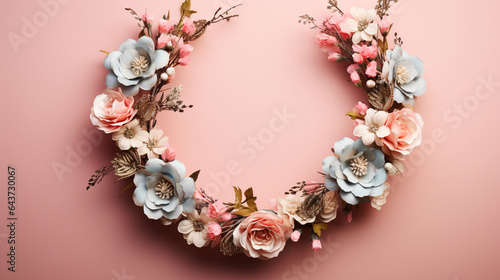 Top view of Blooming colorful wreath flowers and petals isolated on pastel table background, Floral frame composition, copy space, flat lay