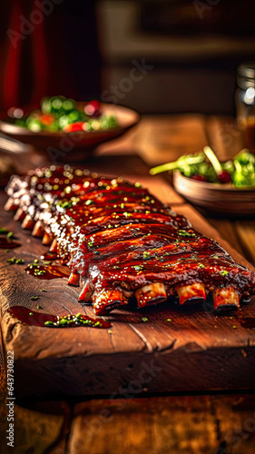 Succulent BBQ Ribs ,grilled meat on the grill,food on the table