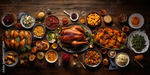 overhead photo of thanksgiving turkey dinner