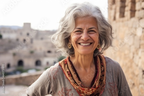 Environmental portrait photography of a cheerful mature woman wearing a delicate silk blouse at the crac des chevaliers in homs governorate syria. With generative AI technology