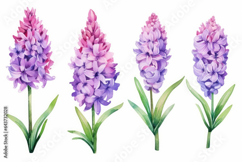 Watercolor image of a set of hyacinth flowers on a white background