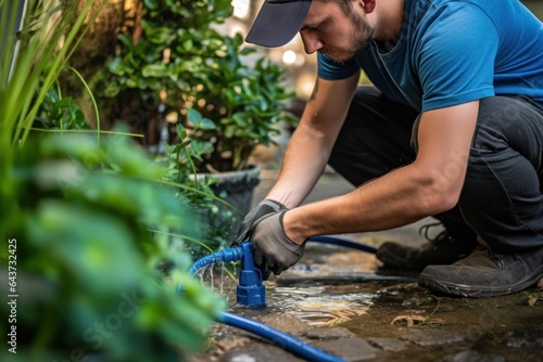 Male gardener watering green plants with hose