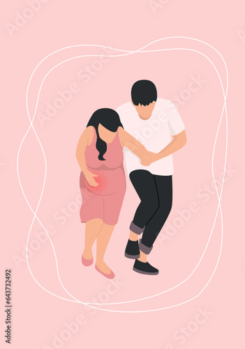 A pregnant woman has pain in the womb and a husband walking support.