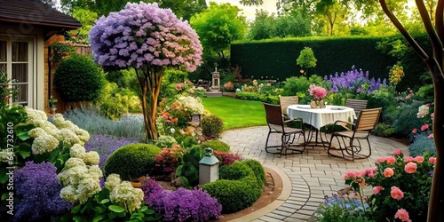 Backyard patio outdoors with flowers, grass, hedges, and a sitting area among the landscaping