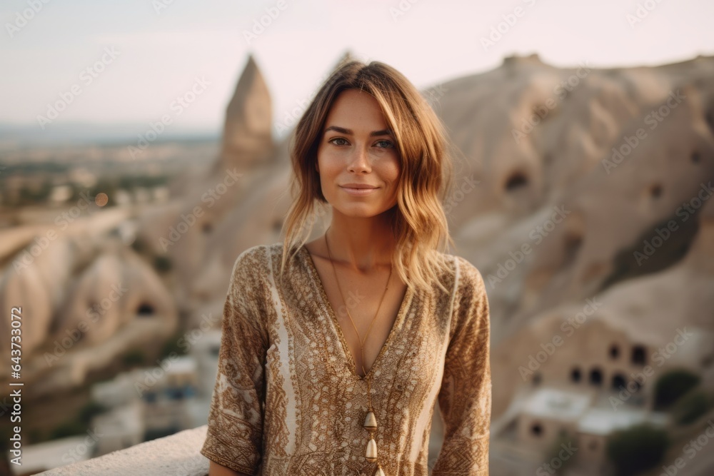 Medium shot portrait photography of a merry girl in her 30s wearing a glamorous sequin top at the cappadocia in nevsehir province turkey. With generative AI technology