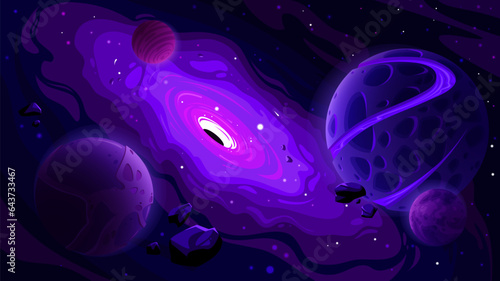 Hand-drawn space illustration of a black hole that attracts planets and stars with various space objects in a cartoon style.