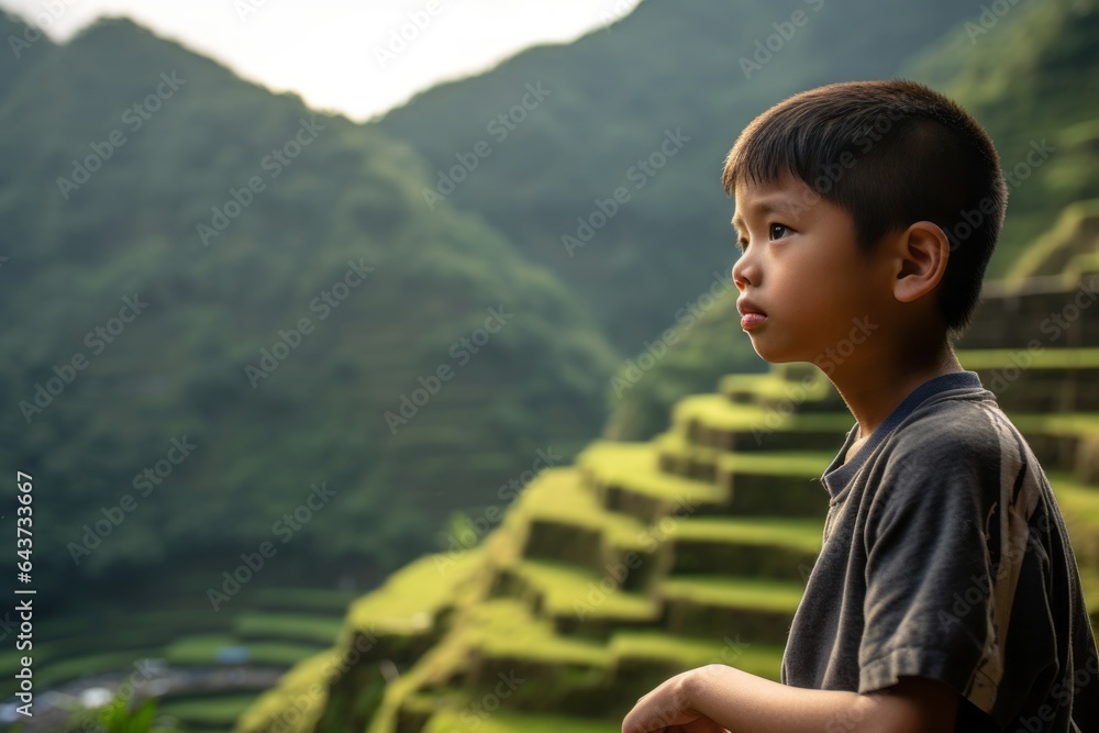 Photography in the style of pensive portraiture of a jovial boy in his 30s wearing a sporty polo shirt at the banaue rice terraces in ifugao philippines. With generative AI technology Photography in the style of pensive portraiture of a jovial boy in his 30s wearing a sporty polo shirt at the banaue rice terraces in ifugao philippines. With generative AI technology