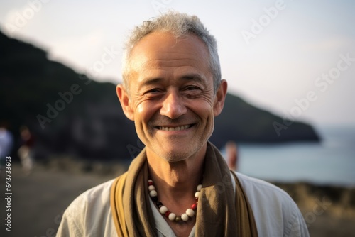 Close-up portrait photography of a happy mature man wearing a chic pearl necklace at the aogashima volcano in tokyo japan. With generative AI technology photo